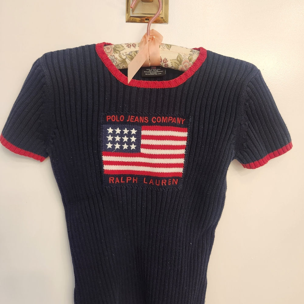 Vintage 90s Ralph Lauren Polo Jeans Navy Sweater with Red Trim Size Small